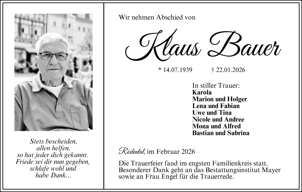  Traueranzeige für Klaus Bauer vom 21.02.2026 aus MGO