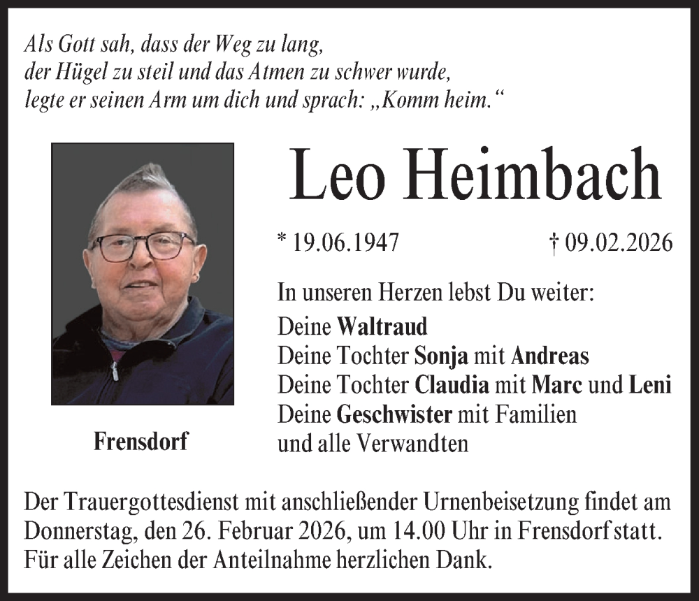  Traueranzeige für Leo Heimbach vom 21.02.2026 aus MGO