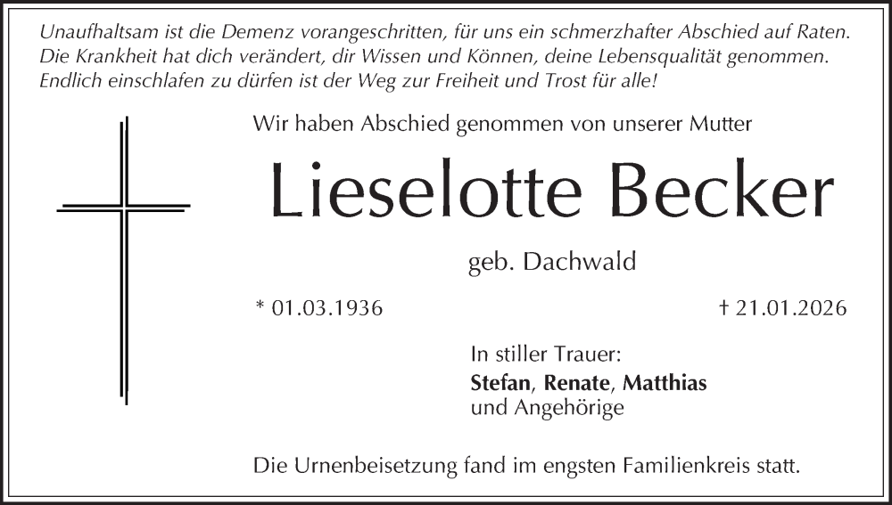  Traueranzeige für Lieselotte Becker vom 07.02.2026 aus MGO