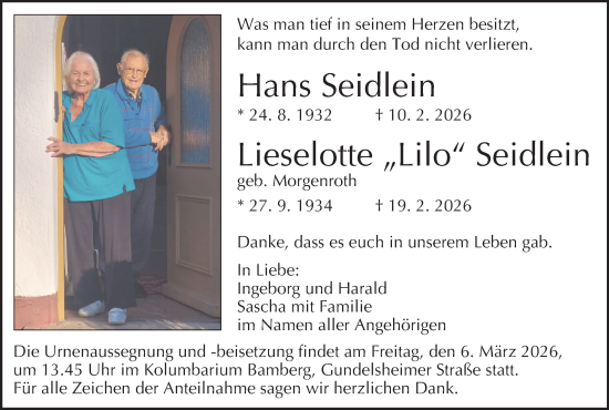 Anzeige von Lieselotte Seidlein von MGO
