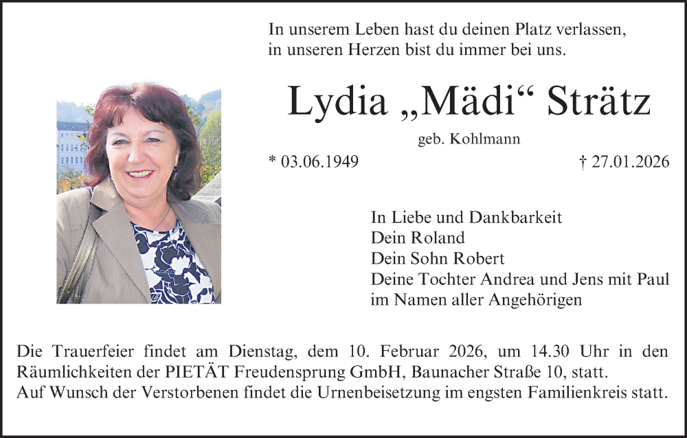 Traueranzeige für Lydia Strätz vom 07.02.2026 aus MGO
