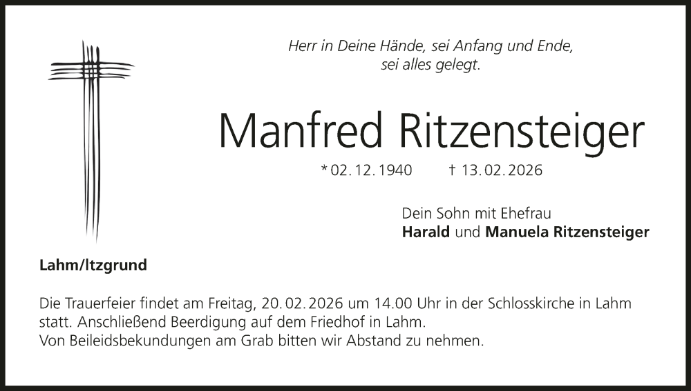  Traueranzeige für Manfred Ritzensteiger vom 18.02.2026 aus MGO
