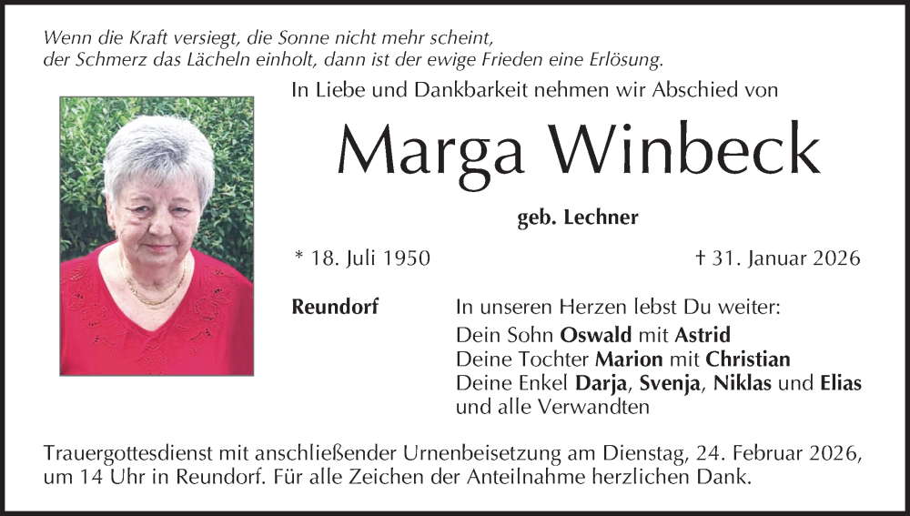  Traueranzeige für Marga Winbeck vom 14.02.2026 aus MGO