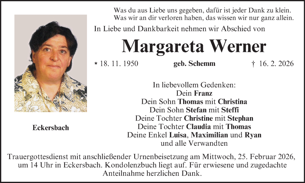  Traueranzeige für Margareta Werner vom 21.02.2026 aus MGO