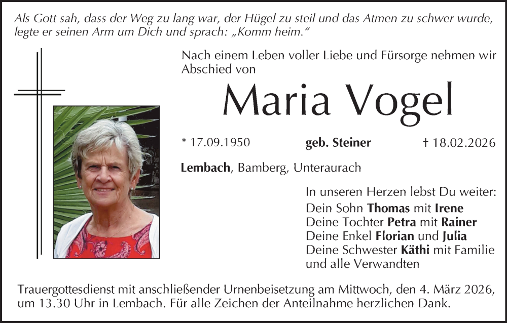  Traueranzeige für Maria Vogel vom 28.02.2026 aus MGO