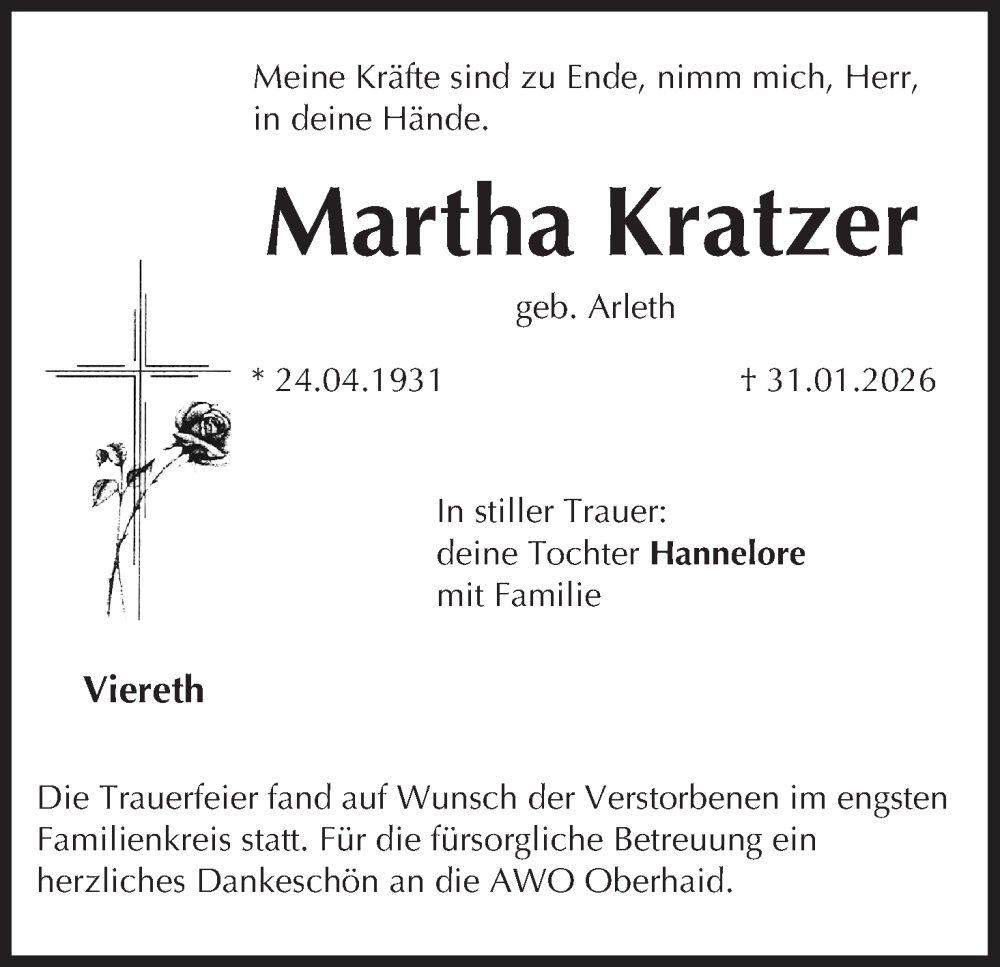  Traueranzeige für Martha Kratzer vom 21.02.2026 aus MGO