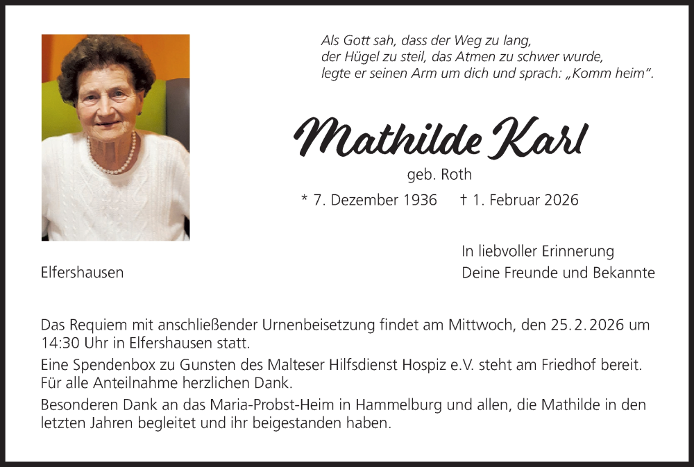  Traueranzeige für Mathilde Karl vom 21.02.2026 aus MGO