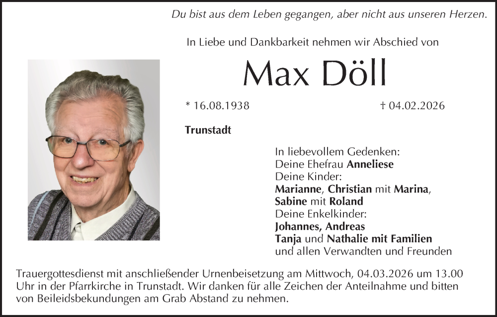  Traueranzeige für Max Döll vom 28.02.2026 aus MGO