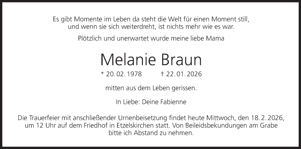  Traueranzeige für Melanie Braun vom 18.02.2026 aus MGO