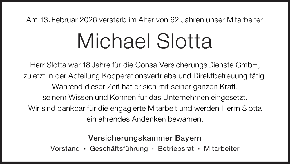  Traueranzeige für Michael Slotta vom 28.02.2026 aus MGO