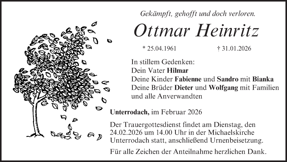  Traueranzeige für Ottmar Heinritz vom 21.02.2026 aus MGO
