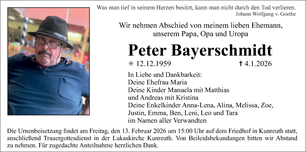  Traueranzeige für Peter Bayerschmidt vom 07.02.2026 aus MGO