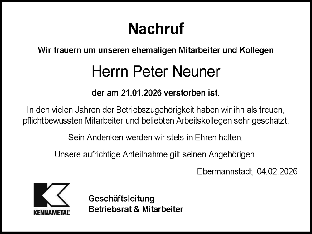  Traueranzeige für Peter Neuner vom 04.02.2026 aus MGO