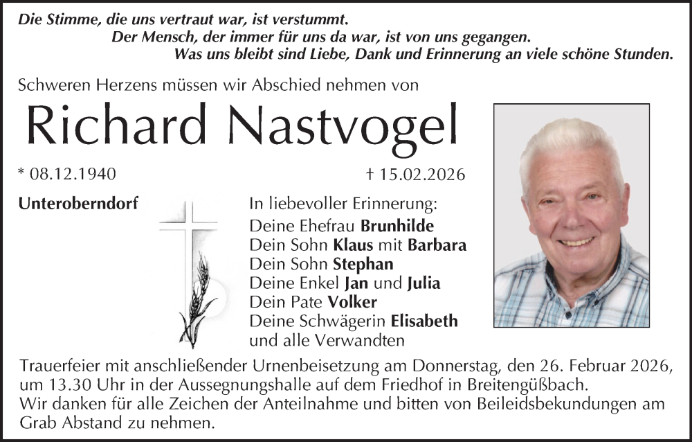  Traueranzeige für Richard Nastvogel vom 21.02.2026 aus MGO