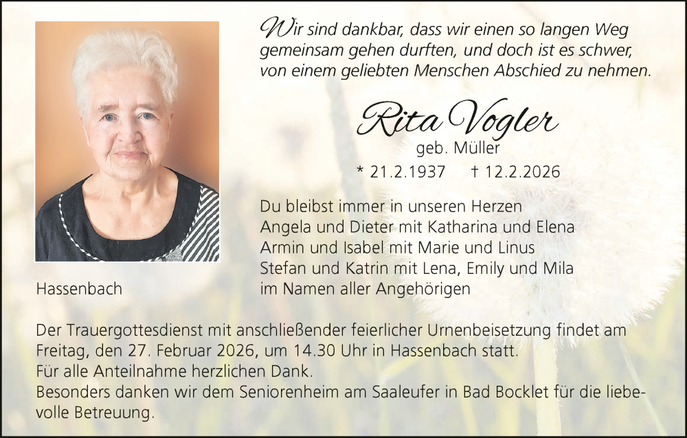 Traueranzeige für Rita Vogler vom 21.02.2026 aus MGO