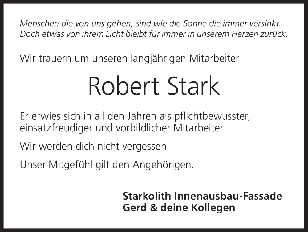  Traueranzeige für Robert Stark vom 21.02.2026 aus MGO