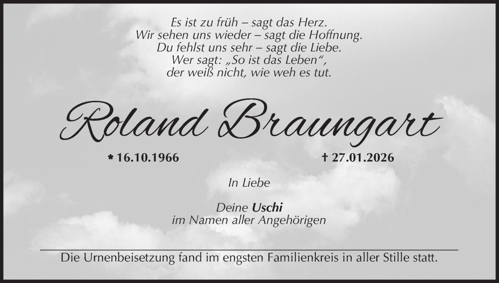  Traueranzeige für Roland Braungart vom 28.02.2026 aus MGO