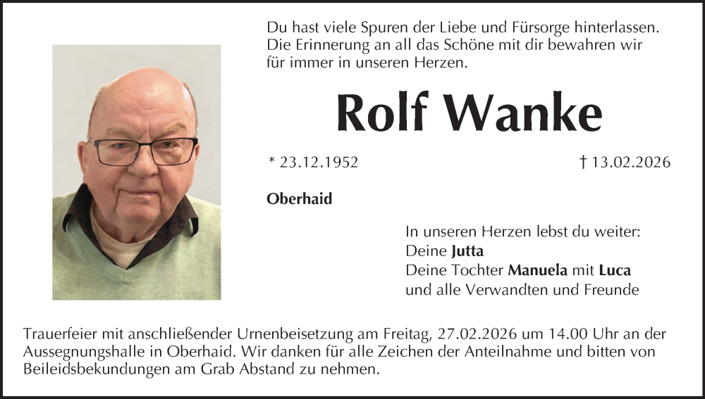  Traueranzeige für Rolf Wanke vom 21.02.2026 aus MGO
