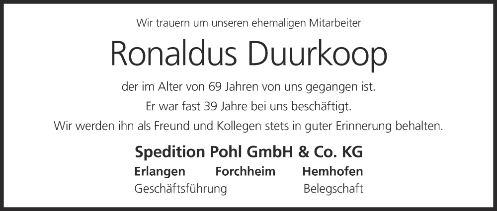  Traueranzeige für Ronaldus Duurkoop vom 26.02.2026 aus MGO