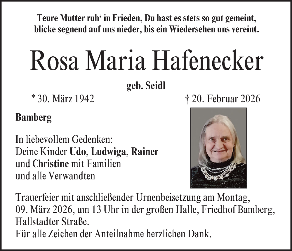  Traueranzeige für Rosa Maria Hafenecker vom 28.02.2026 aus MGO