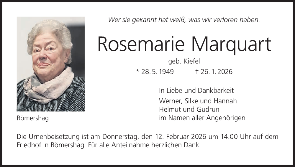  Traueranzeige für Rosemarie Marquart vom 07.02.2026 aus MGO