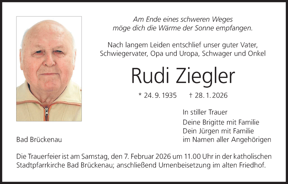  Traueranzeige für Rudi Ziegler vom 03.02.2026 aus MGO