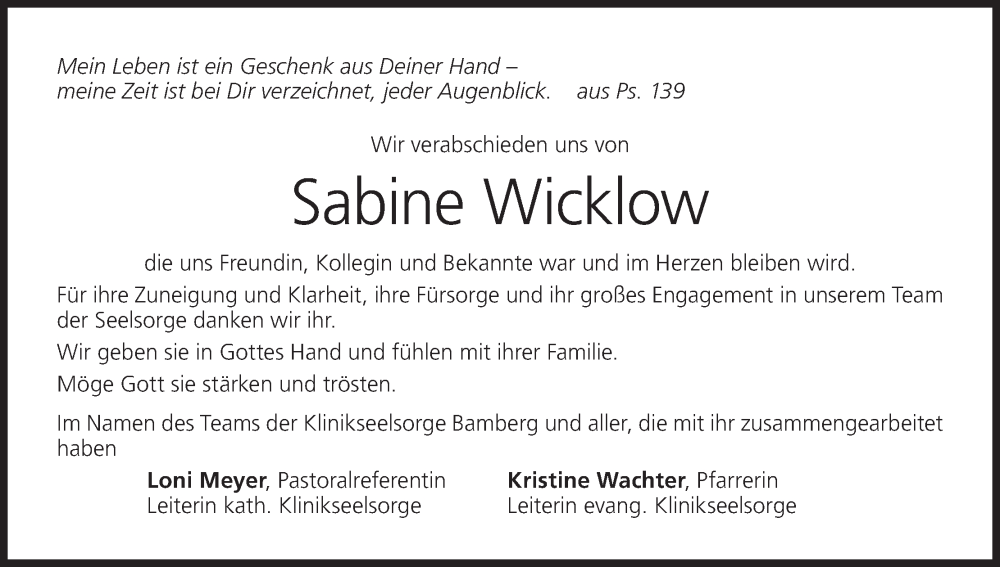  Traueranzeige für Sabine Wicklow vom 21.02.2026 aus MGO