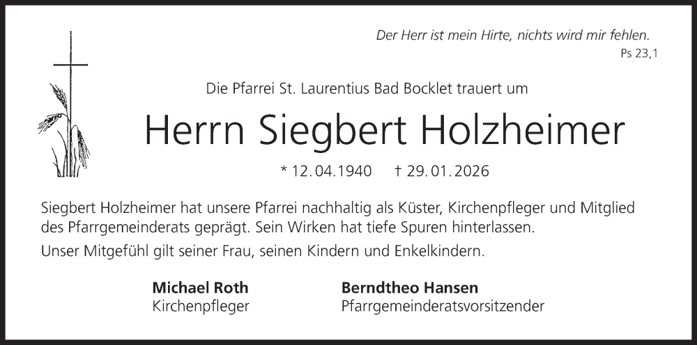  Traueranzeige für Siegbert Holzheimer vom 21.02.2026 aus MGO