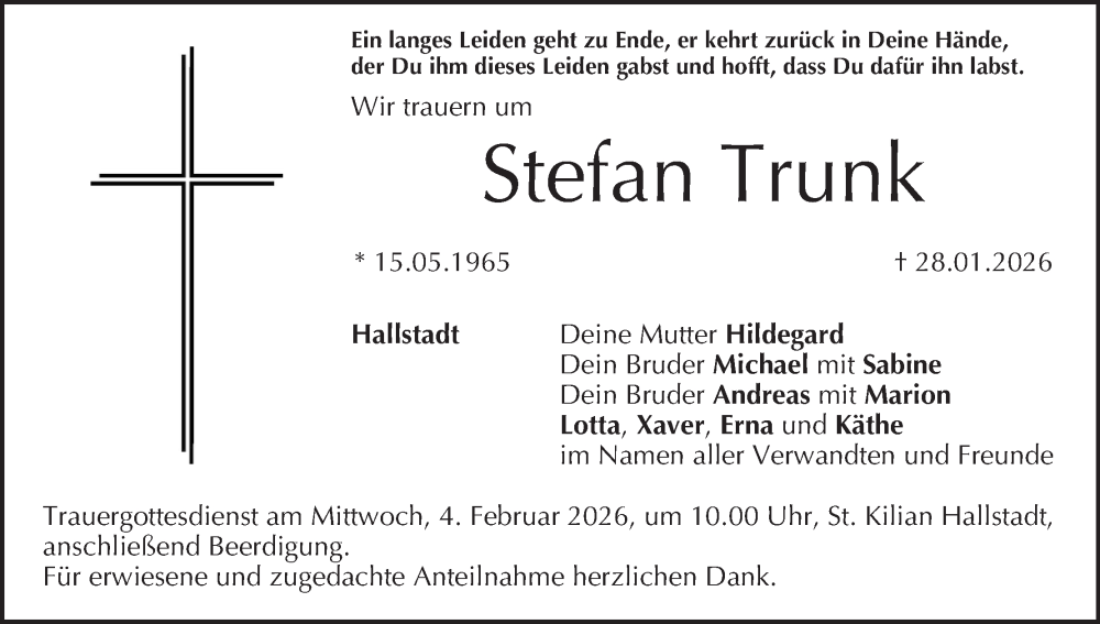  Traueranzeige für Stefan Trunk vom 03.02.2026 aus MGO