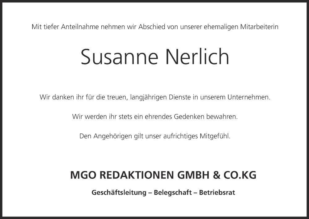  Traueranzeige für Susanne Nerlich vom 14.02.2026 aus MGO