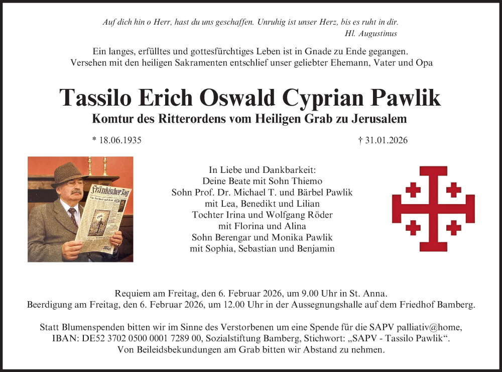  Traueranzeige für Tassilo Erich Oswald Cyprian Pawlik vom 04.02.2026 aus MGO