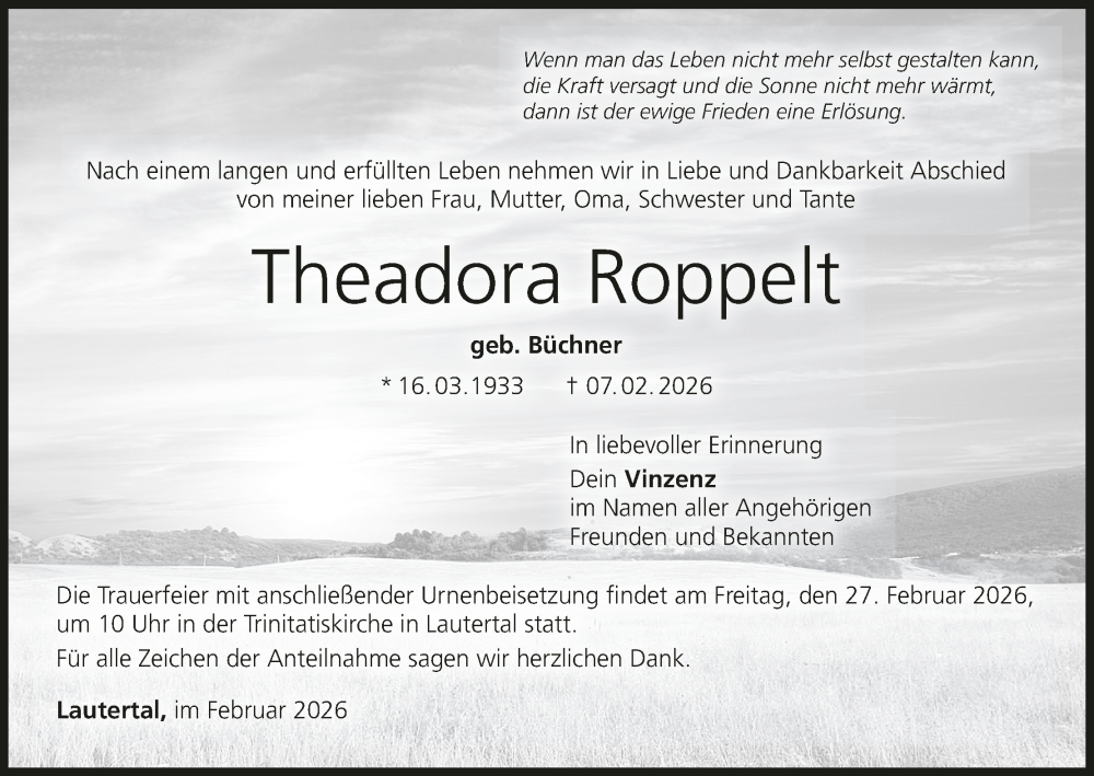  Traueranzeige für Theadora Roppelt vom 21.02.2026 aus MGO