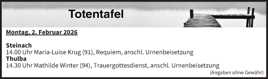 Anzeige von Totentafel vom 02.02.2026 von MGO