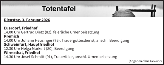Anzeige von Totentafel vom 03.02.2026 von MGO