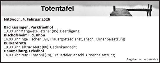 Anzeige von Totentafel vom 04.02.2026 von MGO