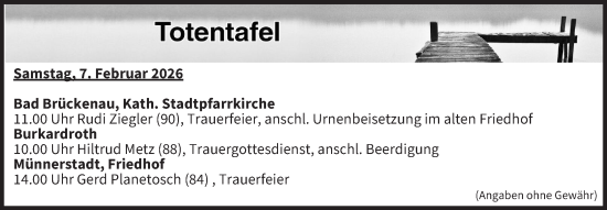 Anzeige von Totentafel vom 07.02.2026 von MGO