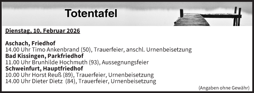  Traueranzeige für Totentafel vom 10.02.2026 vom 10.02.2026 aus MGO