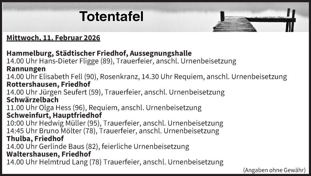  Traueranzeige für Totentafel vom 11.02.2026 vom 11.02.2026 aus MGO