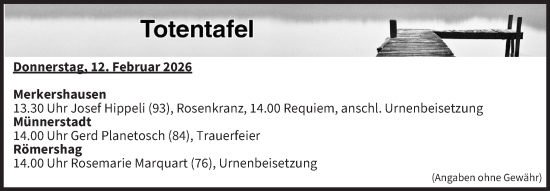 Anzeige von Totentafel vom 12.02.2026 von MGO