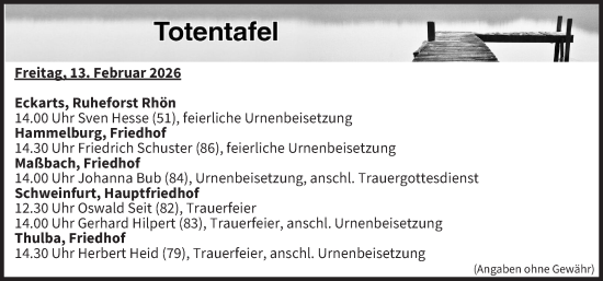 Anzeige von Totentafel vom 13.02.2026 von MGO