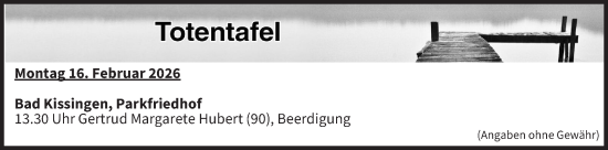 Anzeige von Totentafel vom 16.02.2026 von MGO