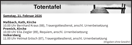 Anzeige von Totentafel vom 21.02.2026 von MGO
