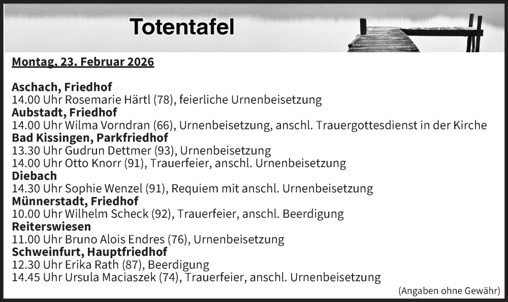  Traueranzeige für Totentafel vom 23.02.2026 vom 23.02.2026 aus MGO