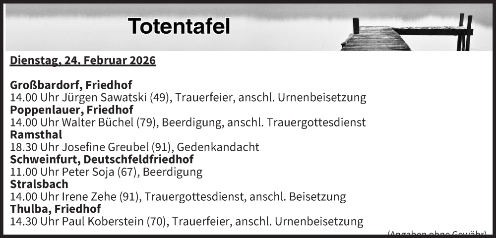  Traueranzeige für Totentafel vom 24.02.2026 vom 24.02.2026 aus MGO