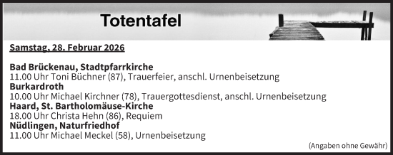 Anzeige von Totentafel vom 28.02.2026 von MGO