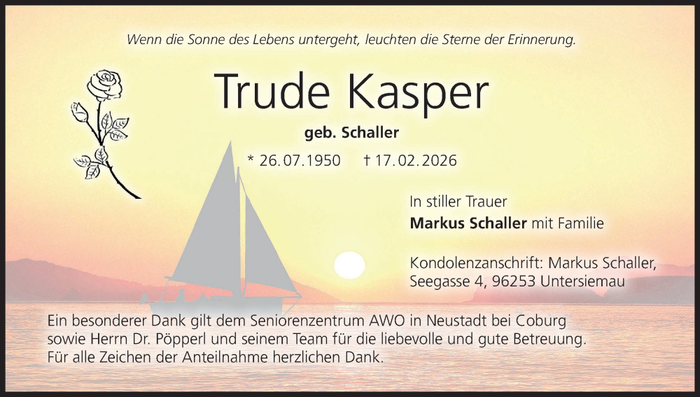  Traueranzeige für Trude Kasper vom 21.02.2026 aus MGO