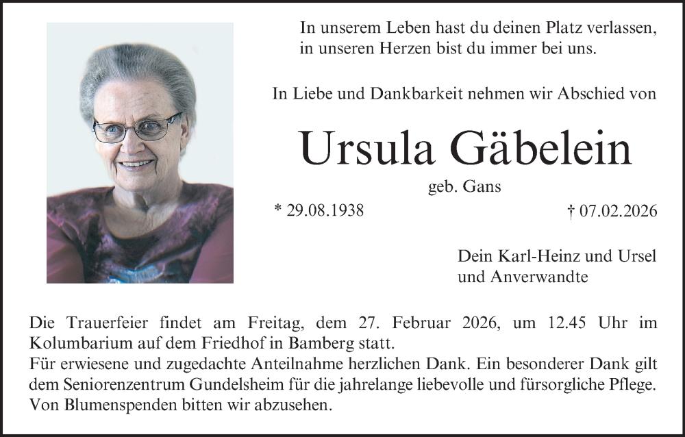  Traueranzeige für Ursula Gäbelein vom 21.02.2026 aus MGO