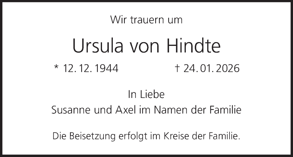  Traueranzeige für Ursula von Hindte vom 07.02.2026 aus MGO