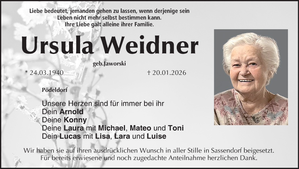  Traueranzeige für Ursula Weidner vom 07.02.2026 aus MGO