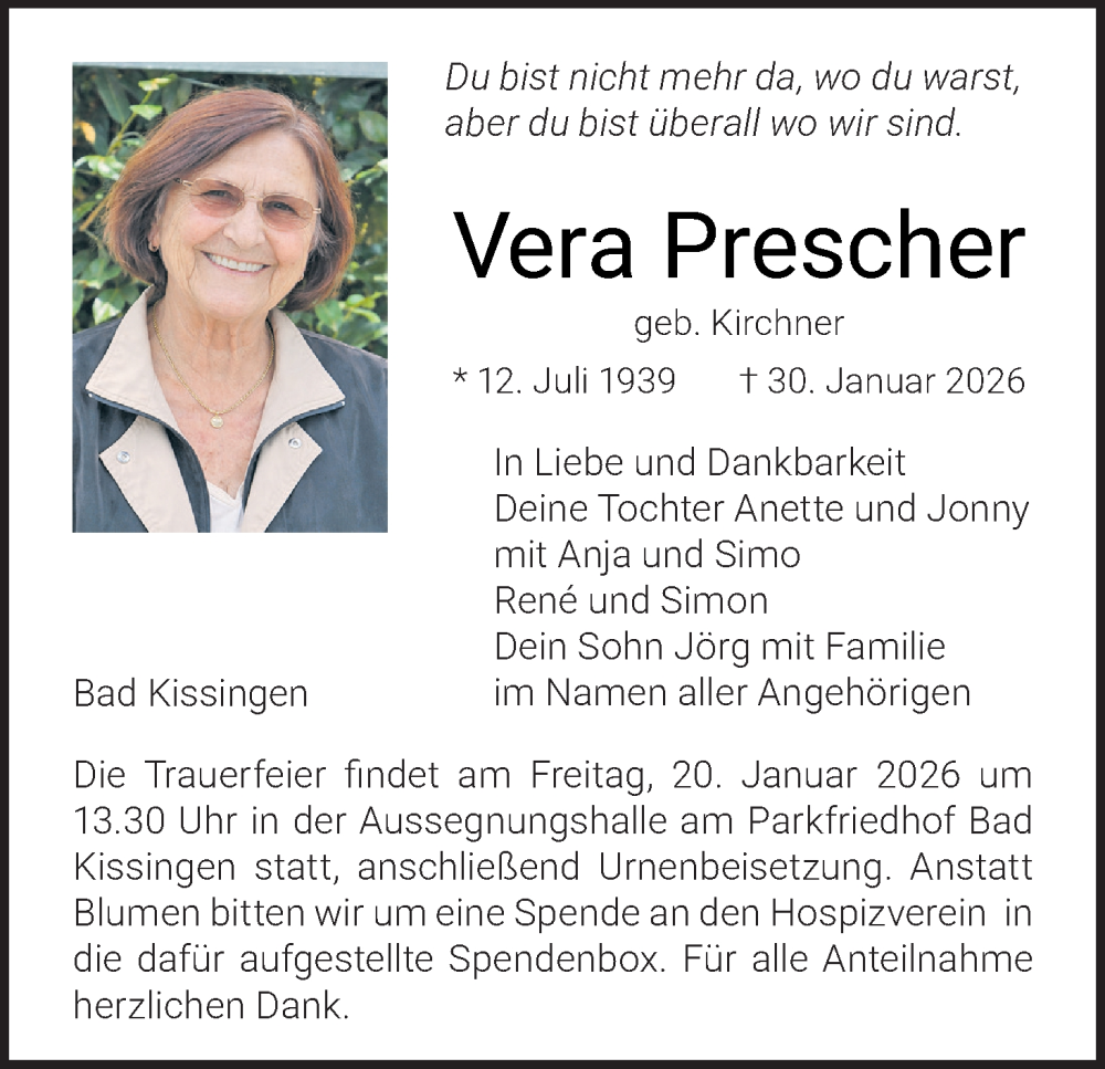  Traueranzeige für Vera Prescher vom 14.02.2026 aus MGO